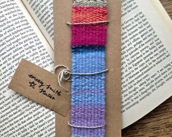 Hand-Woven Linen & Wool Bookmark: Pink, Blue, Purple Stripes