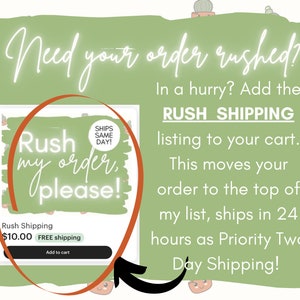 Może przedstawiać: Zielony grafik z tekstem "Need your order rushed?" i "In a hurry? Add the RUSH SHIPPING listing to your cart. This moves your order to the top of my list, ships in 24 hours as Priority Two Day Shipping!" Czerwone koło wyr&oacute;żnia grafik z tekstem "Rush my order, please!" i przycisk z napisem "Rush Shipping 10,00 &euro; Darmowa wysyłka Dodaj do koszyka"