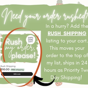 Pode incluir: Gr&aacute;fico verde com o texto "Need your order rushed?" e "In a hurry? Add the RUSH SHIPPING listing to your cart. This moves your order to the top of my list, ships in 24 hours as Priority Two Day Shipping!" Um c&iacute;rculo vermelho destaca um gr&aacute;fico com o texto "Rush my order, please!" e um bot&atilde;o que diz "Rush Shipping 10,00 &euro; Envio gr&aacute;tis Adicionar ao carrinho"