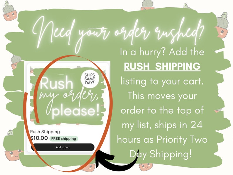 Pode incluir: Gr&aacute;fico verde com o texto "Need your order rushed?" e "In a hurry? Add the RUSH SHIPPING listing to your cart. This moves your order to the top of my list, ships in 24 hours as Priority Two Day Shipping!" Um c&iacute;rculo vermelho destaca um gr&aacute;fico com o texto "Rush my order, please!" e um bot&atilde;o que diz "Rush Shipping 10,00 &euro; Envio gr&aacute;tis Adicionar ao carrinho"