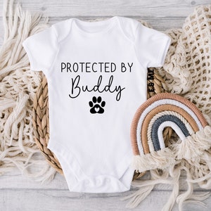 Protected By Dog Name Onesie®, New Baby Onesie®, Baby Boy Onesie®, Baby Girl Onesie®, Personalized Baby Gift, Sweet Dog Gift, New Baby Gift