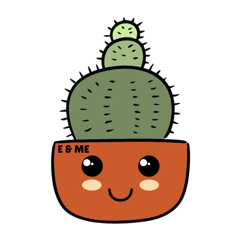 Pode incluir: Um cacto verde com um rosto sorridente em um vaso marrom com o texto "E & ME" na frente.