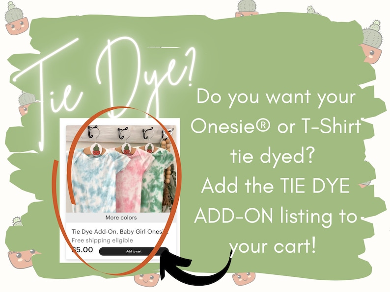 Może przedstawiać: Trzy body dla niemowląt w stylu tie-dye w kolorze niebieskim, r&oacute;żowym i zielonym wiszące na wieszakach. Widoczny jest tekst "Tie Dye Add-On, Baby Girl Onesies". Cena wynosi 5,00 &euro;.