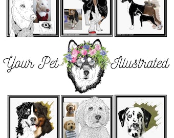 May include: A collection of black and white illustrations of different dog breeds. The illustrations are in a cartoon style and feature various poses and expressions. The text "Your Pet Illustrated" is displayed in a stylized font.