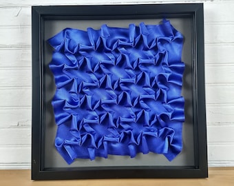 Royal Blue Expanded Bars framed lattice smocking wall art, geometric fabric manipulation, 3D symmetric origami tessellation, textile art