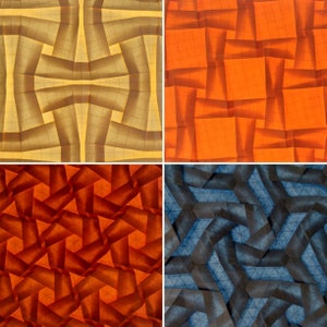 May include: Four origami paper squares with different geometric patterns. The top left square is a light brown with a grid pattern. The top right square is orange with a grid pattern. The bottom left square is a dark orange with a grid pattern. The bottom right square is a dark blue with a grid pattern.