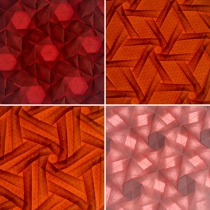 May include: Four square images of origami paper folded into geometric patterns. The top left image is red and features a hexagonal pattern. The top right image is orange and features a triangular pattern. The bottom left image is orange and features a triangular pattern. The bottom right image is pink and features a hexagonal pattern.