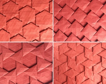 Half-adjacent tilings tessellation 4-pack, origami crease patterns, fold it yourself, geometric puzzle, challenging design, digital pattern