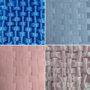 May include: Four different woven patterns in blue, light blue, pink, and white. The patterns are made with ribbon and are woven in a grid pattern.