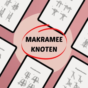 Può includere: Cinque tablet digitali che mostrano diversi nodi di macramè. Le tablet sono disposte in cerchio attorno a un cerchio rosso con il testo "MAKRAMEE KNOTEN" in nero.
