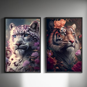 Set Of 2 Snow Leopard And Tiger Wall Art Prints |Big Cat Wall Art Printable Poster | Animal Wall Art Décor | Leopard Tiger Portrait