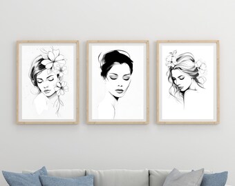 Female Line Art Prints: Woman with Flowers, Set of 3 (Digital Download)