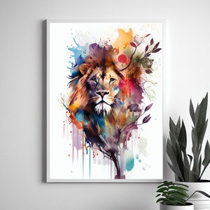 May include: A watercolor painting of a lion's head with colorful splashes of paint and a tree branch behind it.