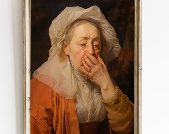 May include: A painting of an older woman with a white cap and a worried expression. She is wearing a red and yellow dress and has her hand over her mouth.
