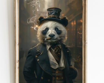 Gentleman Panda wearing clothes Wall Art Print, Vintage Painting Style Portrait of Panda, Panda in Victorian Gentleman's Panda in a suit