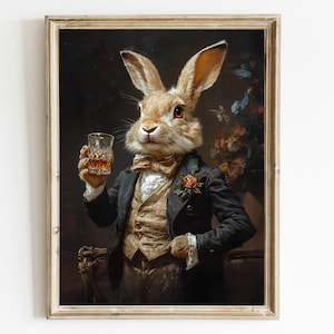 Gentleman Hare Vintage Portrait Print, hare wearing clothes, Renaissance Animal Portrait, Animal Head Human Body Animal Poster Rabbit
