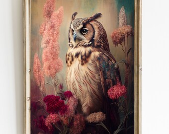 May include: A brown and white owl with yellow eyes is perched in a field of pink and red flowers. The owl is looking to the left of the image. The background is a soft, blurred, vintage-style painting.