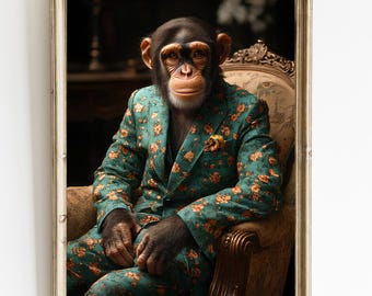 Retrato de chimpancé caballero: traje vintage, arte mural animal (descarga digital)