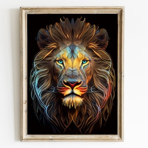 Cosmic Lion Art Print: Abstract Neon Animal Portrait (Digital Download)