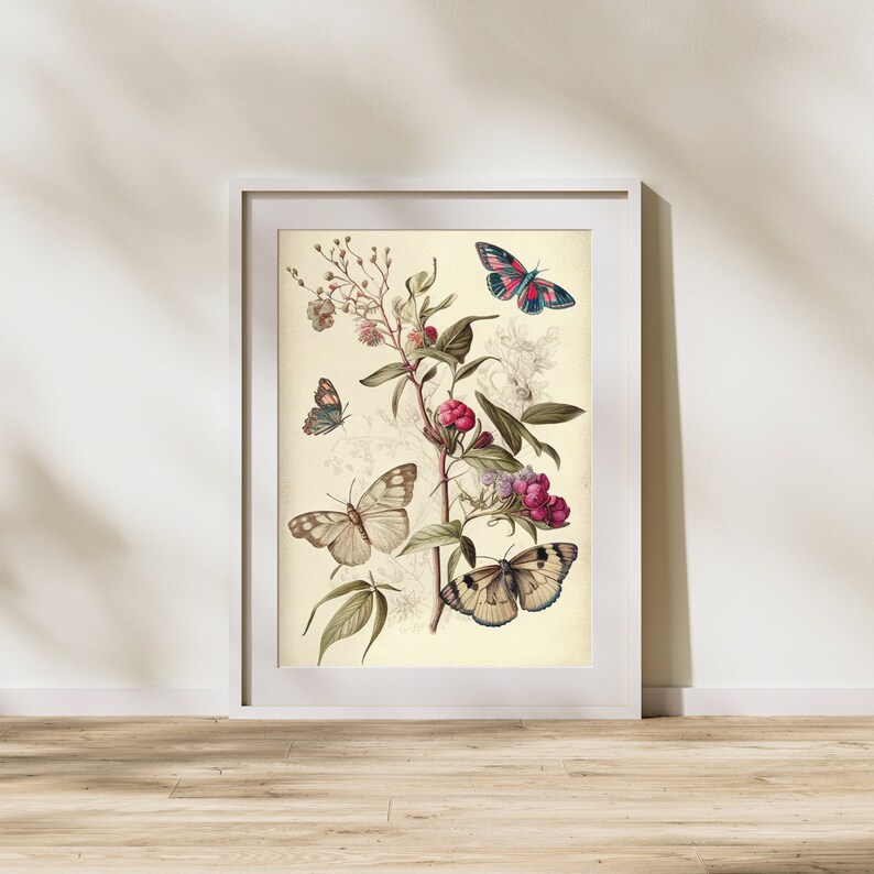 Vintage Butterfly Botanical Print: Antique Farmhouse Wall Decor ...
