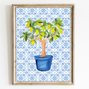 Yellow Lemon Tree print Botanical Wall Art Blue Tile Home Decor Lemon Art Citrus Print Plant Wall Art Bedroom Kitchen Living Room Decor