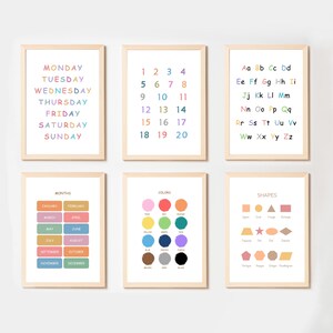 Juego de 6 impresiones de decoración de aulas con arcoíris, decoración para la educación en el hogar, arte de pared educativo imprimible, carteles Montessori, impresiones de descarga digital