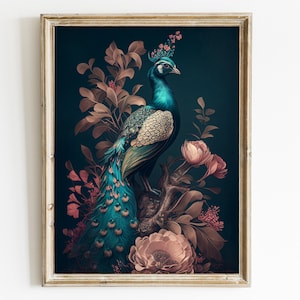 Peacock Wall Art Boho Style Vintage Bird Canvas Print Animal Printable Wall Art Exotic Bird Art Poster Vintage Peacock Painting