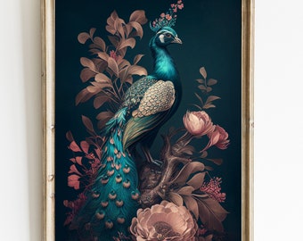 Pfau Wand Kunst Boho Stil Vintage Vogel Leinwand Druck Tier druckbare Wandkunst Exotischer Vogel Kunst Poster Vintage Pfau Malerei