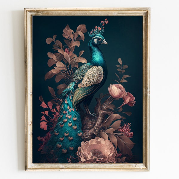 Pfau-Wandkunst im Boho-Stil, Vintage-Vogel-Leinwanddruck, tierische druckbare Wandkunst, exotische Vogel-Kunstposter, Vintage-Pfau-Gemälde