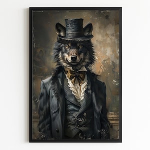 Instant Download – Gentleman Wolf Wall Art – Renaissance Wolf Portrait Print – Home Bar / Man-Cave Digital Poster