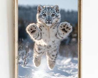 Stampa artistica di un cucciolo di leopardo delle nevi: decorazione murale di un grande felino (download digitale)