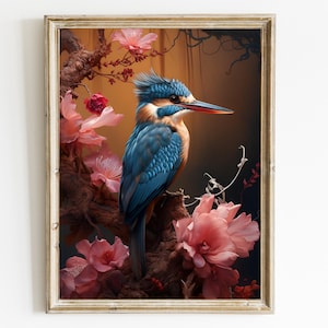 Kingfisher Wall Art Boho Style Vintage Bird Canvas Print Animal Printable Wall Art Exotic Bird Art Poster Vintage Peacock Painting