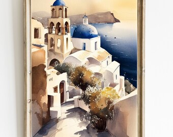 Santorini Watercolor Print: Vintage Greek Island Landscape (Digital Download)