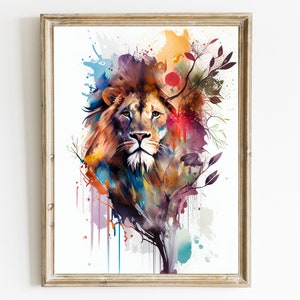 May include: A watercolor painting of a lion's head with a colorful background. The lion's mane is a mix of brown, orange, and yellow, and the background is a mix of blue, purple, and green. The lion's eyes are a deep brown, and its nose is black.