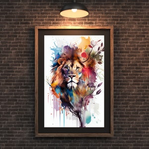 May include: A watercolor painting of a lion's face with colorful splashes of paint and a tree branch behind it.