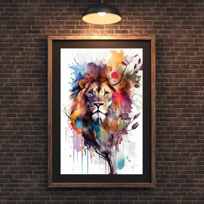 May include: A watercolor painting of a lion's face with colorful splashes of paint and a tree branch behind it.