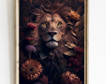 Vintage Lion Art Print: Boho Floral Lion Canvas (Digital Download)