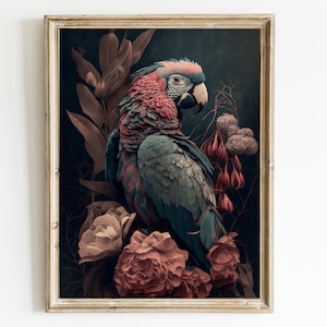 Parrot Wall Art Boho Style Vintage Bird Canvas Print Animal Printable Wall Art Exotic Bird Art Poster Scarlet Macaw Parrot Painting