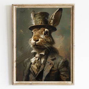 Gentleman Hare wearing clothes Wall Art Print, Vintage Painting Style Portrait of Hare, Rabbit in Victorian Gentleman&#39;s Hare in a suit