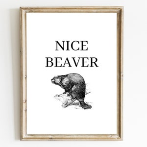 May include: A black and white illustration of a beaver sitting on a log with the text "NICE BEAVER" above it.