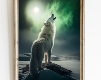 Impresión de Lobo Blanco: Arte mural de luna llena de invierno (descarga digital)