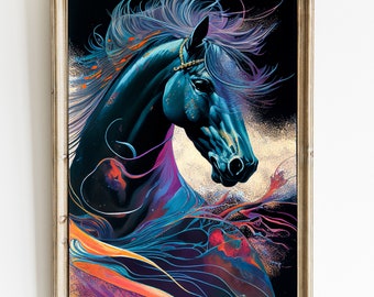 Abstracte paardkunstprint: kleurrijk woondecoratie paardensport (digitale download)