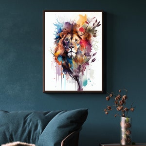 May include: A watercolor painting of a lion's head with colorful splashes of paint and leaves. The lion's mane is a mix of brown, orange, and yellow, and its eyes are a deep brown. The background is white.