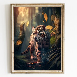 May include: A clouded leopard with a spotted coat walks through a lush green forest with fallen leaves on the ground.