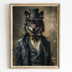 Retrato vintage de caballero LOBO, LOBO con ropa impresa, retrato de animal renacentista, póster de animal con cabeza de animal y cuerpo humano, impresión artística
