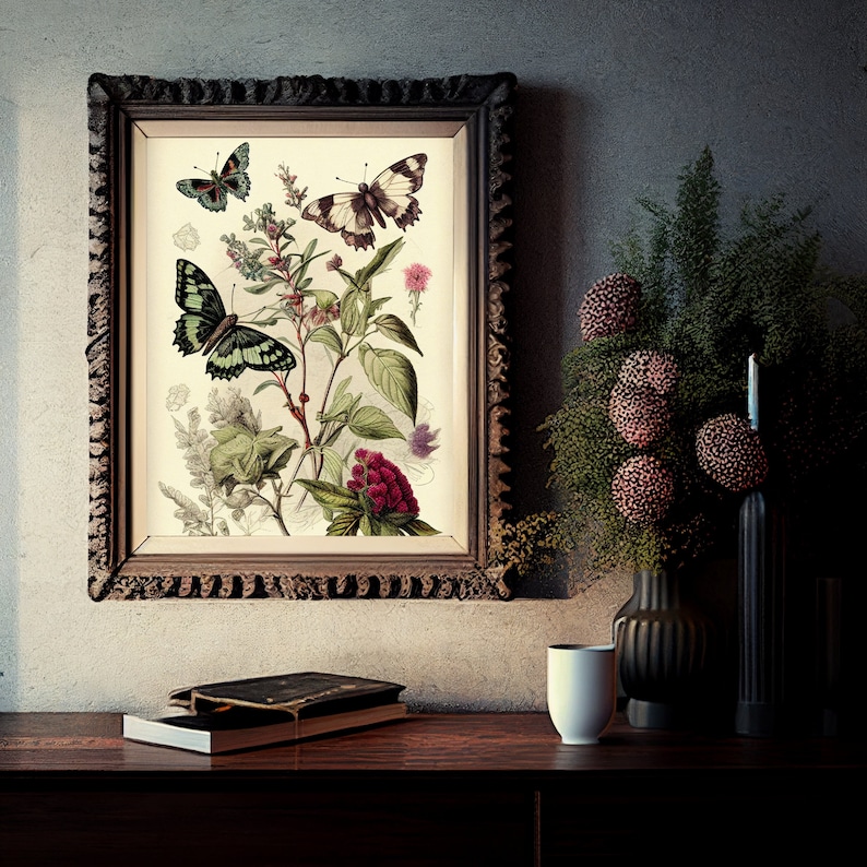 Vintage Butterfly Botanical Print: Antique Farmhouse Wall Decor ...