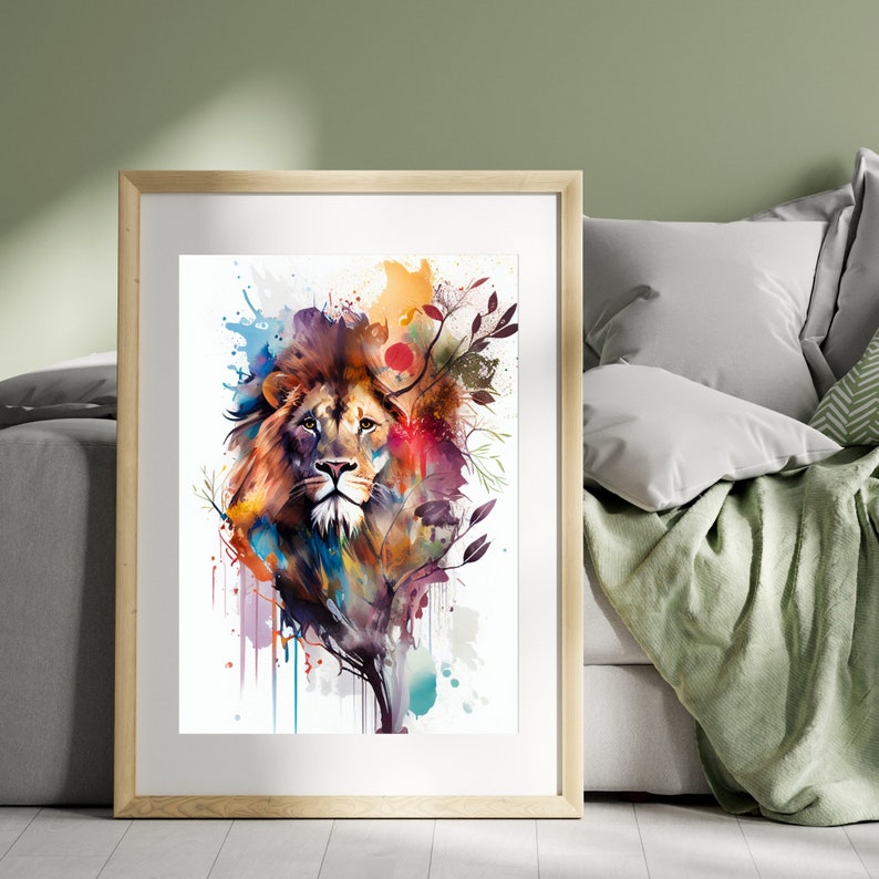 May include: A watercolor painting of a lion's head with colorful splashes of paint and a tree branch behind it.