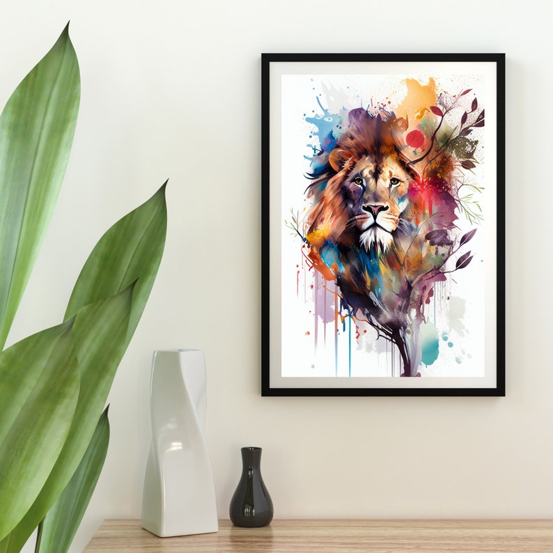 May include: A watercolor painting of a lion's head with a colorful background. The lion's mane is a mix of brown, orange, and red, and the background is a mix of blue, green, and purple. The lion's eyes are a deep brown, and its nose is black. The painting is framed in a black frame.