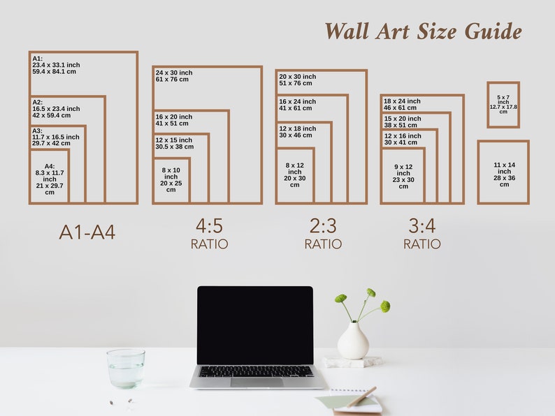 May include: Wall art size guide with dimensions in inches and centimeters. Includes A1-A4 sizes, and 4:5, 2:3, and 3:4 ratio sizes. A laptop, a glass of water, and a vase with flowers are on a white desk.