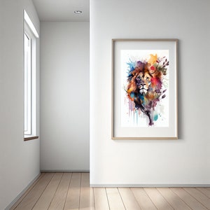 May include: A watercolor painting of a lion's head with colorful splashes and abstract floral elements. The lion's mane is a mix of brown, orange, and yellow, and the background is a white canvas with blue, green, and red watercolor splatters.